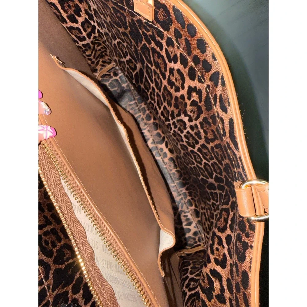 Steve‎ Madden Cognac Brown Pebbled Tote Bag Leopard Print Lining Embossed Logo